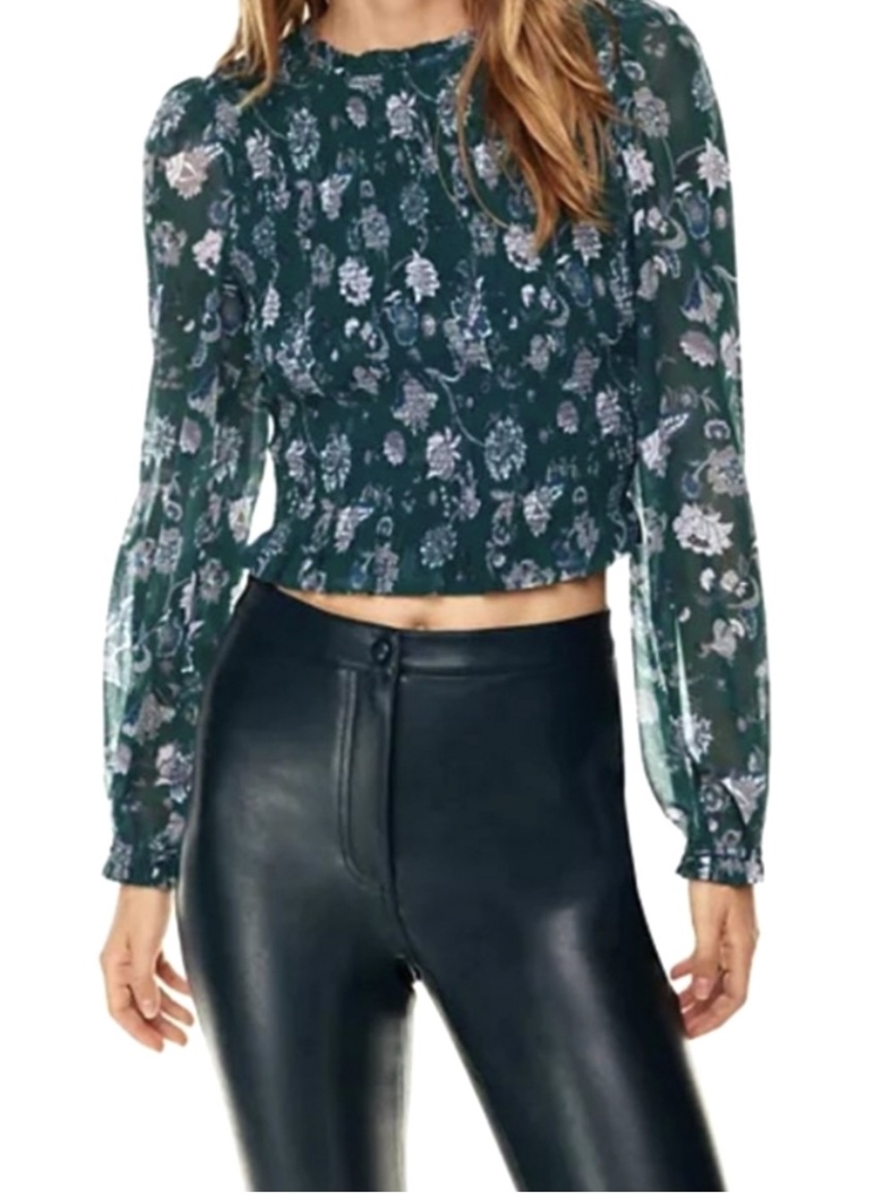 Aritzia Wilfred Tempest smocked semi-sheer sheer floral blouse women's size xs